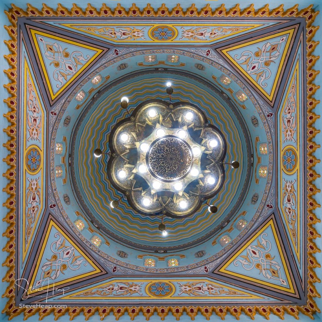 View into the painted dome inside the Jumeirah Mosque in Dubai open to all visitors. Prints available in my online store