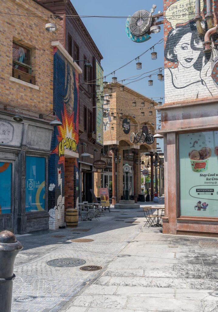 Dubai, UAE - April 1, 2023: View along the street with restaurants in La Mer by the Gulf coast