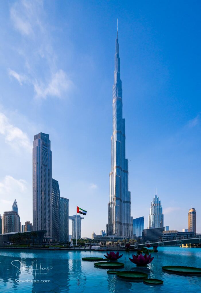 Skyline of Dubai downtown business district above the Burj Khalifa lake. Prints available in my online store