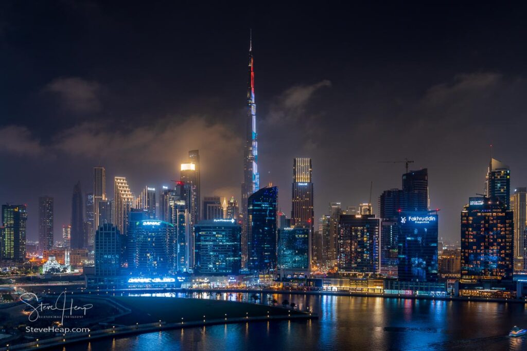 Skyline of the business district of Dubai at night from the Business Bay area