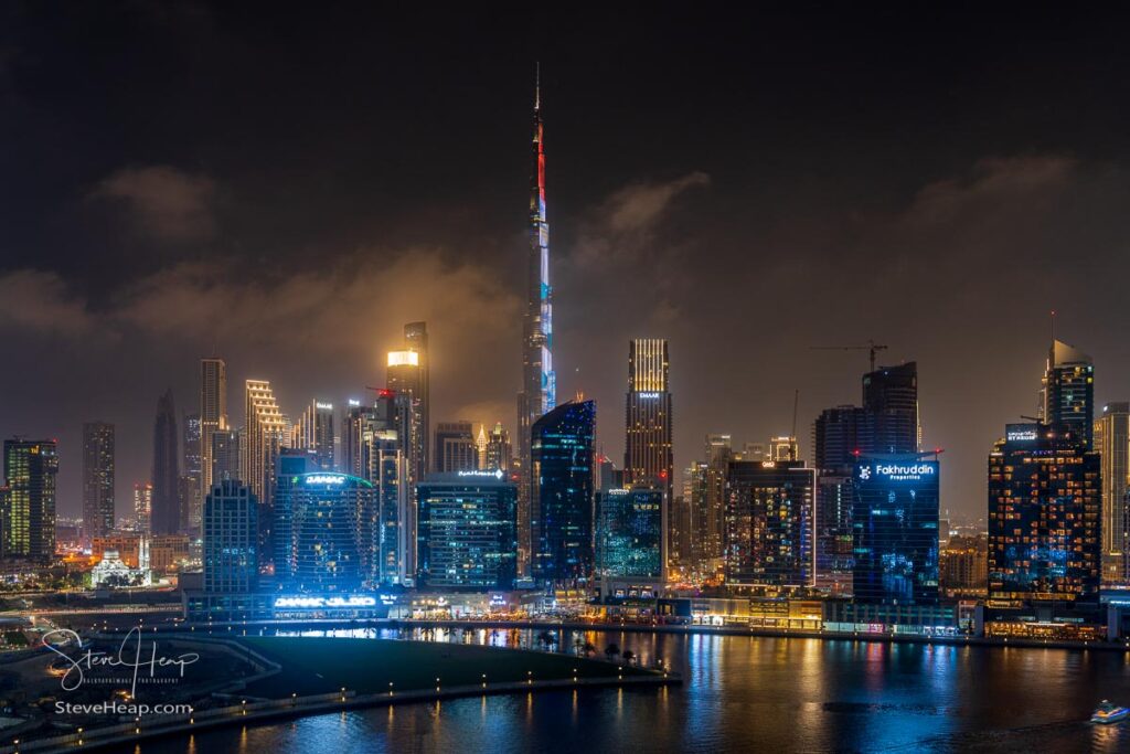 Night view of skyline of Dubai downtown district from apartment in Business Bay. Prints available in my online store