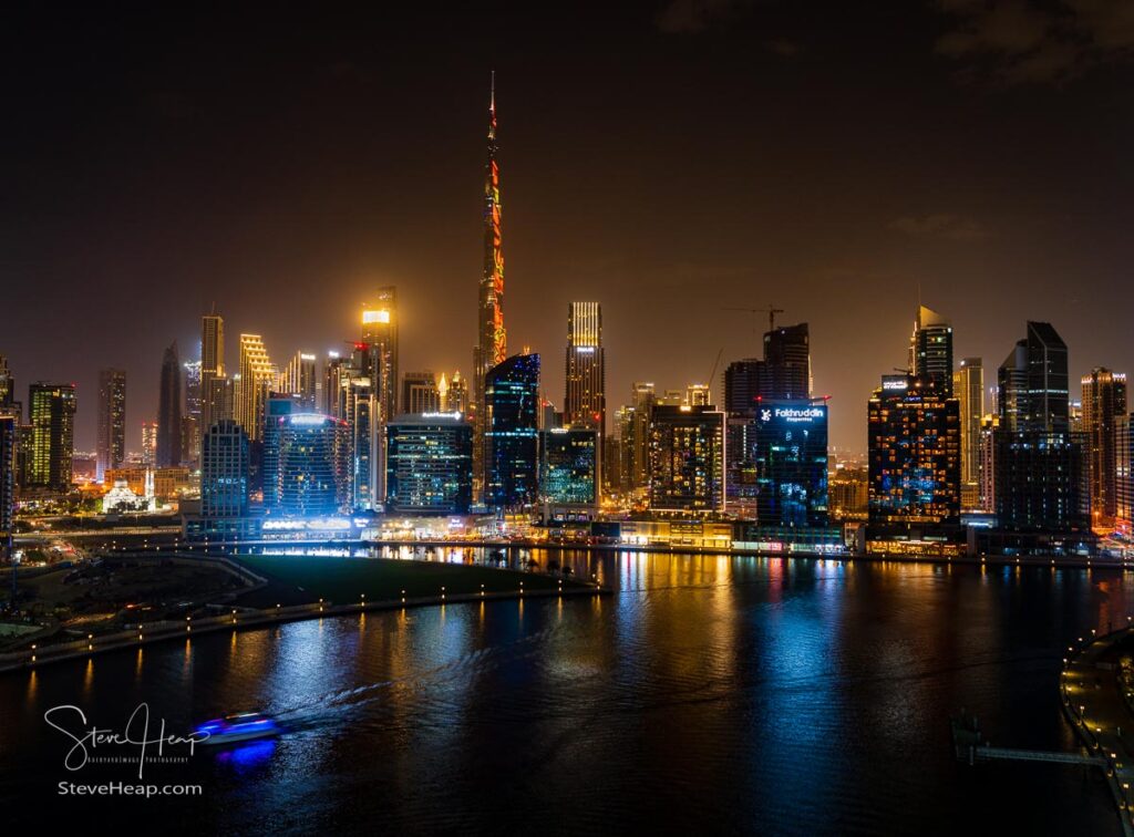 Night view of skyline of Dubai downtown district from apartment in Business Bay. Prints available in my online store