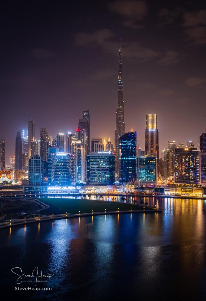 Night view of skyline of Dubai downtown district from apartment in Business Bay. Prints in my online store