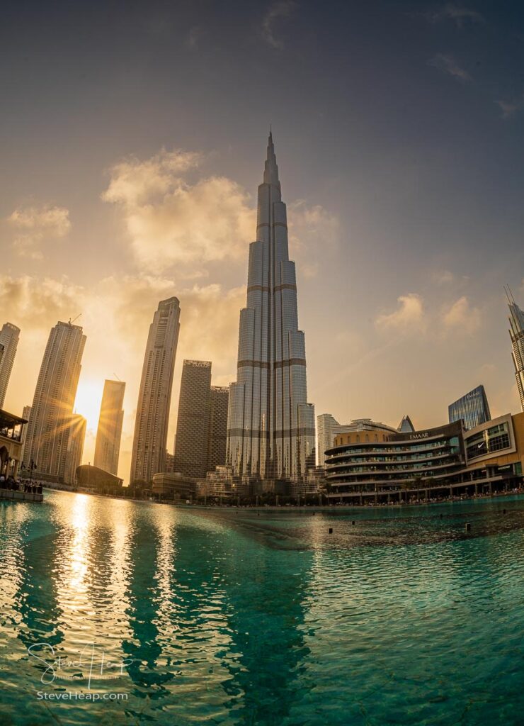 Sunset over skyline of downtown business district above the Burj Khalifa lake. Prints available in my online store