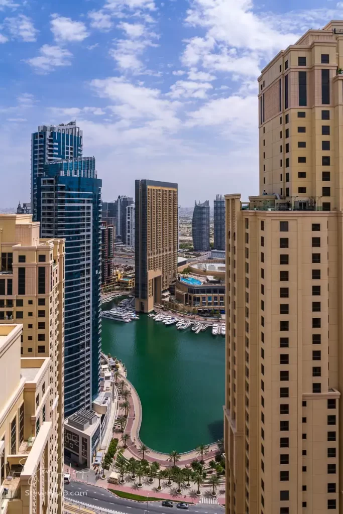 View from the lounge in the Hilton hotel down into the Marina in Dubai