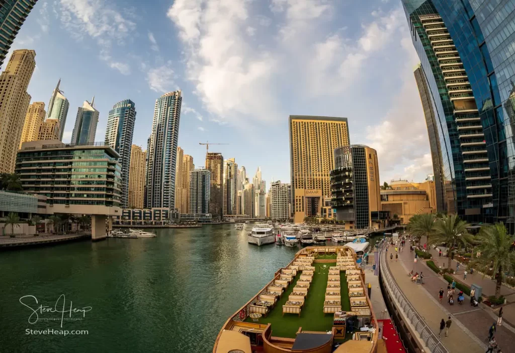 Fisheye view of the many towers lining the banks of the Dubai Marina