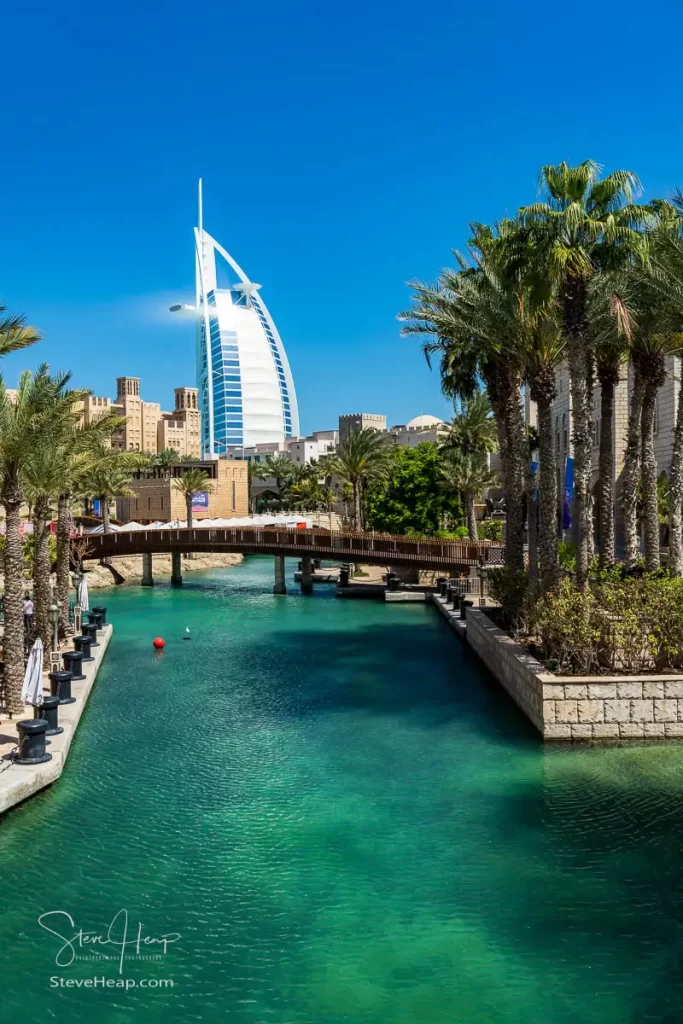 The Burj Al Arab hotel above the waterways in the Souk Madinat Jumeirah