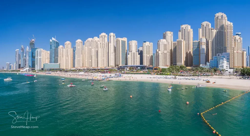 Panorama of the Jumeirah Beach Residence hotels and apartments from Blue Waters Island