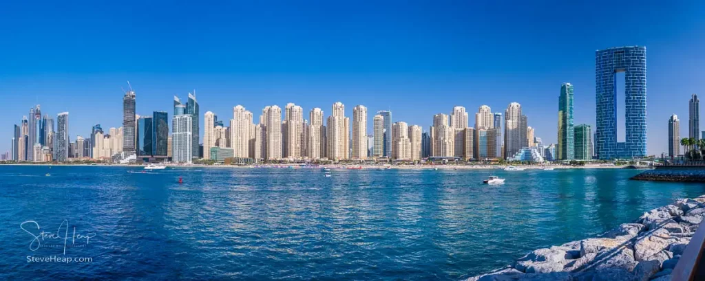 Wide panorama of the many hotels and apartments at Jumeirah Beach Residences in Dubai