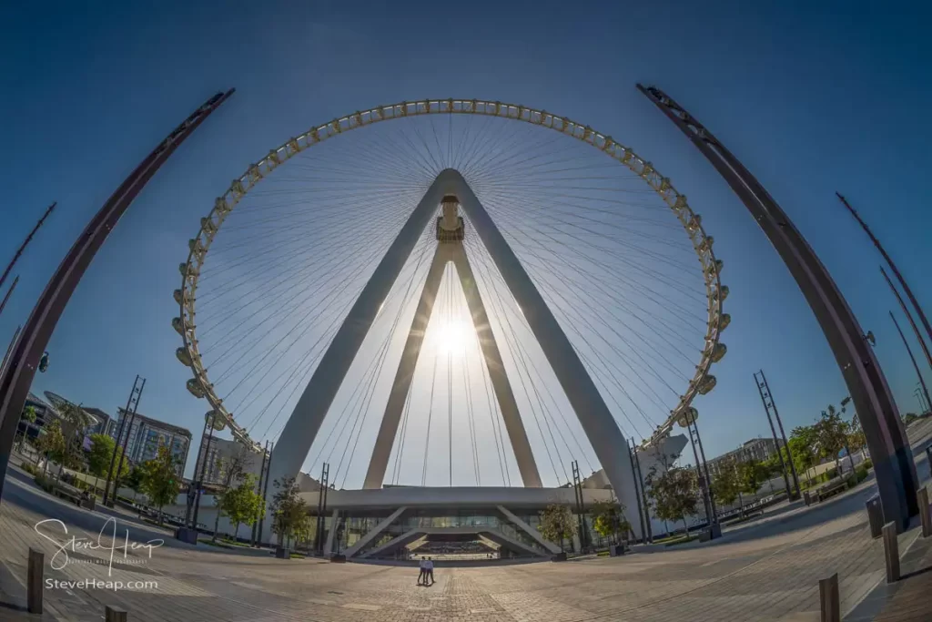 Looking up at the Ain Dubai from Bluewater Island in Dubai with a fisheye lens