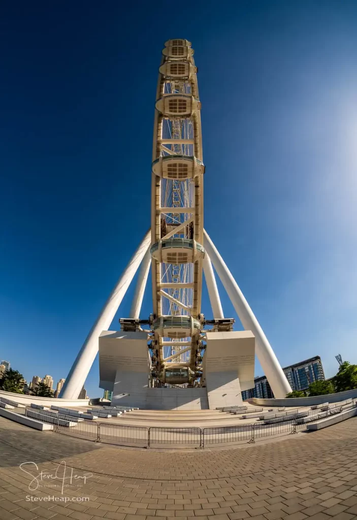 Looking up at the Ain Dubai from Bluewater Island in Dubai with a fisheye lens