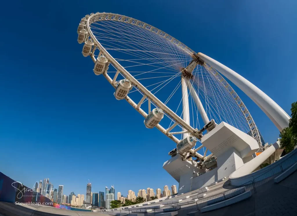 Looking up at the Ain Dubai from Bluewater Island in Dubai with JBR beach in the distance