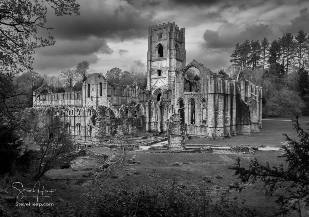 Moody monochrome view of Fountains Abbey. USA Prints - UK Prints