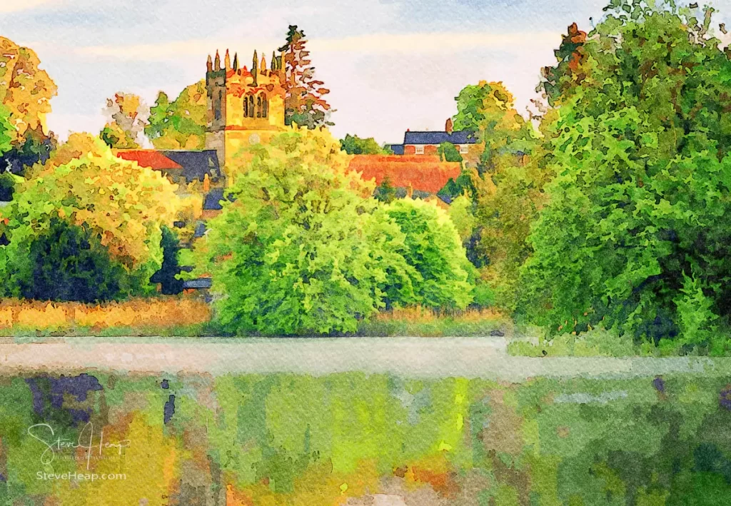 Watercolor of St Mary's Church in Ellesmere in the late evening as mist forms on the lake