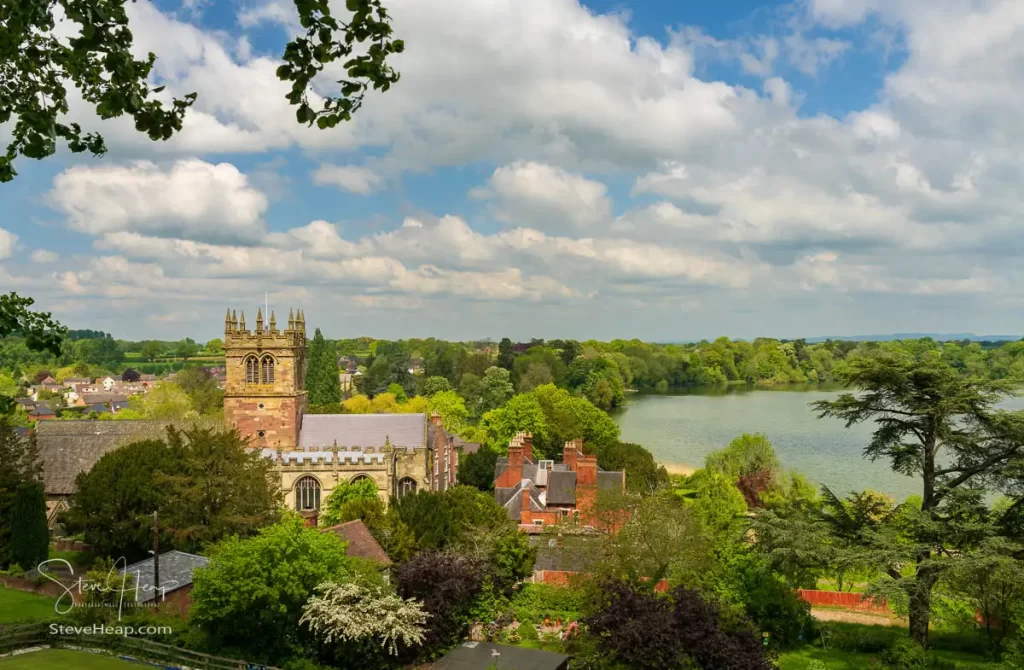 The Parish Church of St Mary surrounded by the Shropshire countryside and the Mere