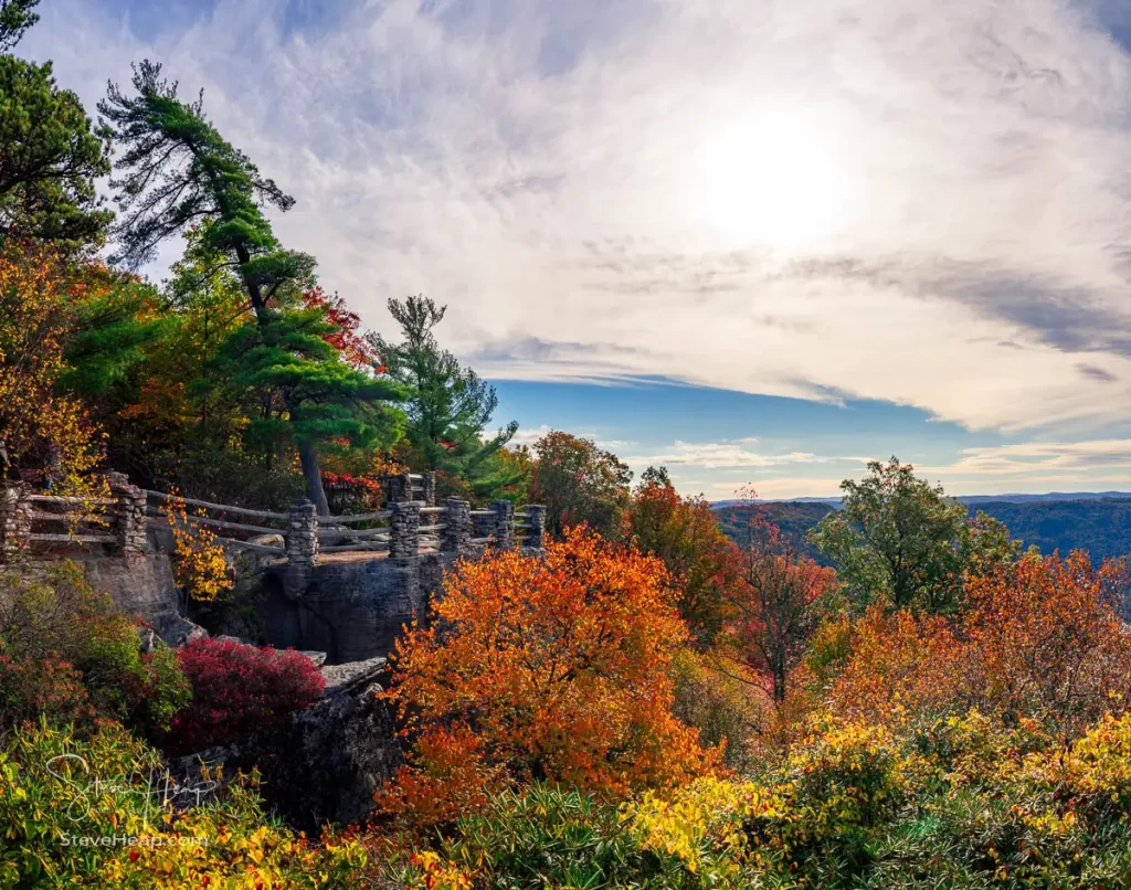 Autumn colors at sunrise seen from the main Coopers Rock overlook. Prints available from Pictorem and Fine Art America