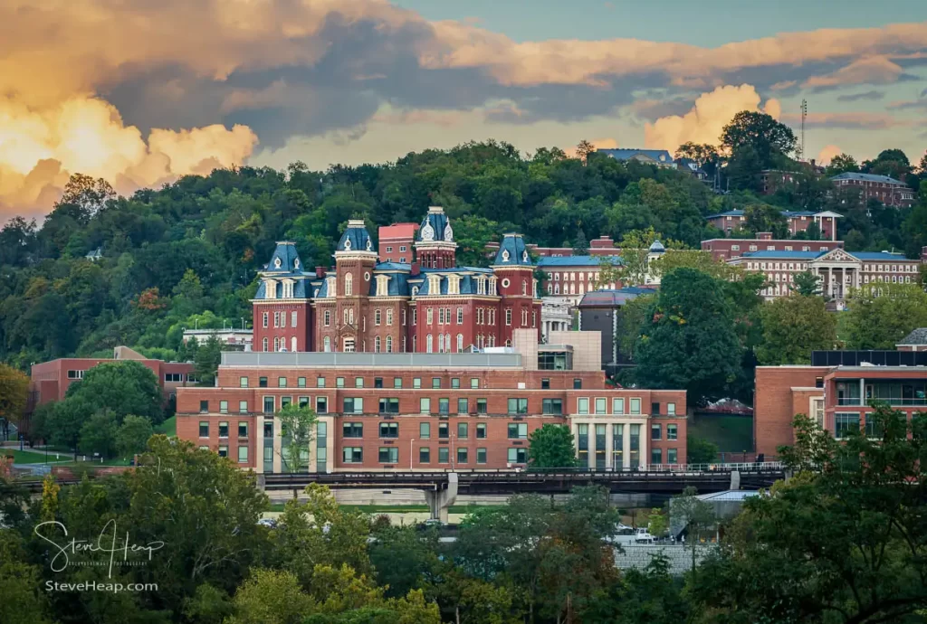 The old Woodburn Hall behind the modern Brooks Hall with Reynolds Hall on right at West Virginia University in Morgantown

