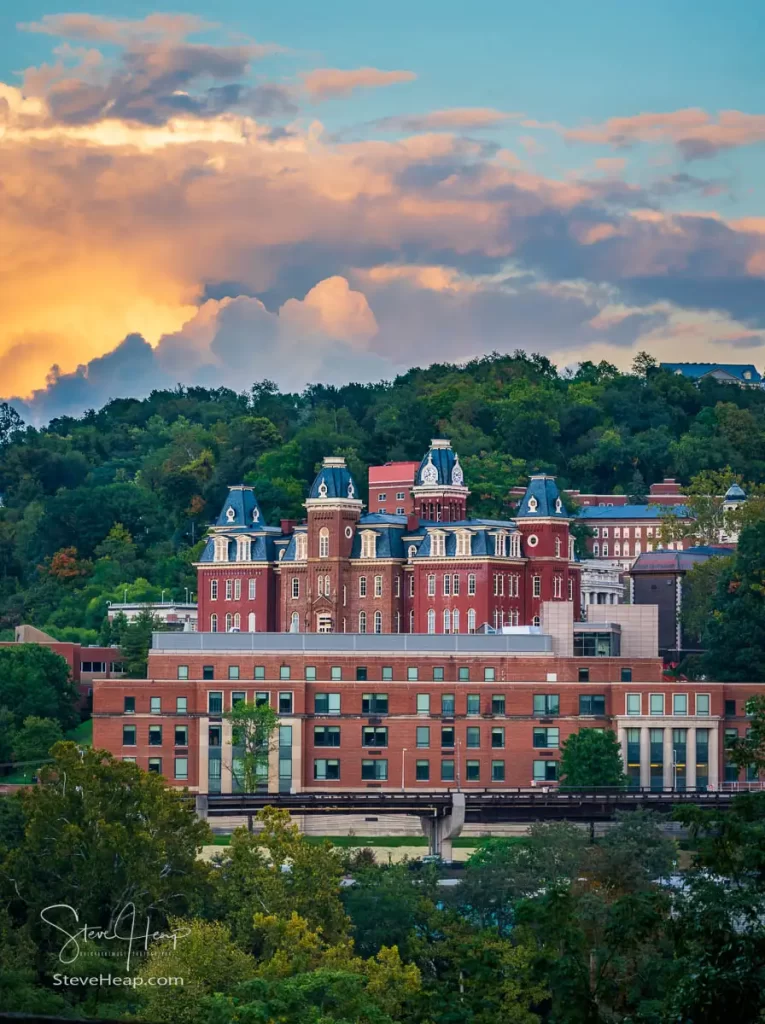 The old Woodburn Hall behind the modern Brooks Hall at West Virginia University in Morgantown
