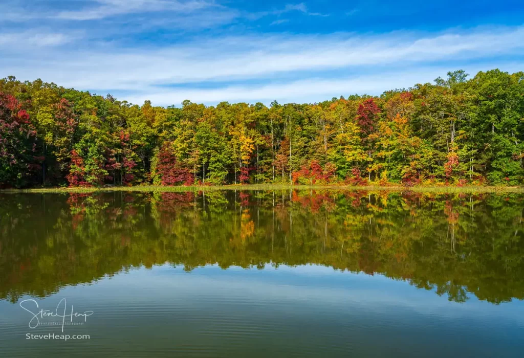 Mirror like reflection of the fall colors of the trees surrounding Coopers Rock reservoir lake. Prints can be purchased here in my store