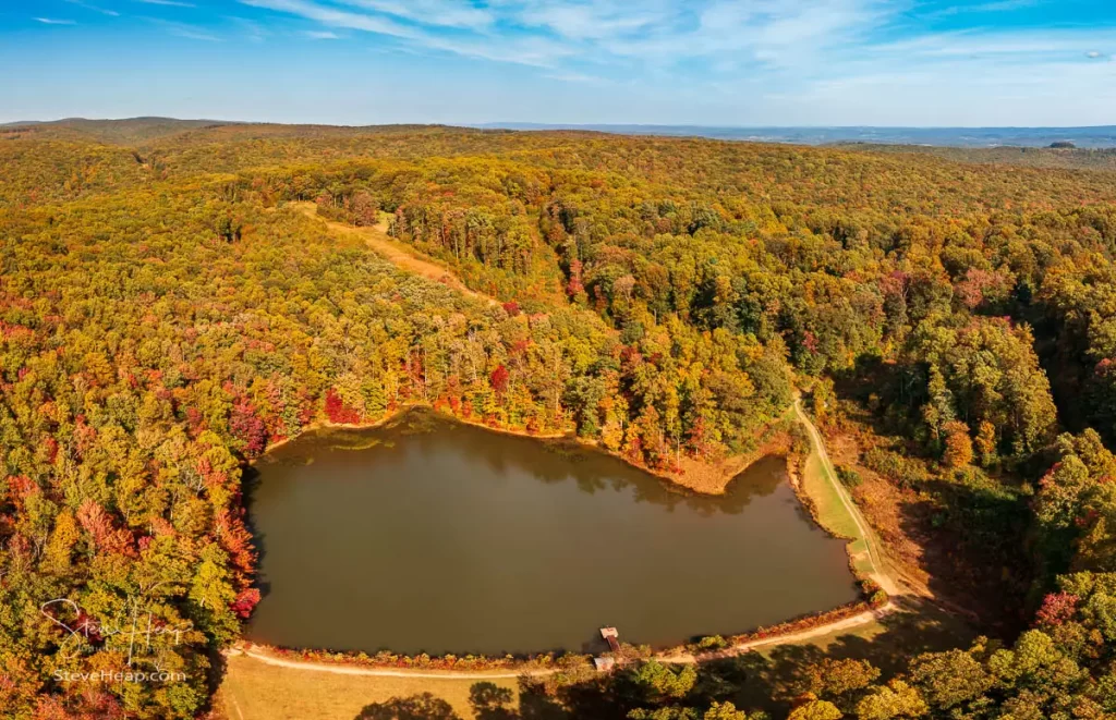 Aerial view of Coopers Rock State Forest reservoir near Morgantown, WV with some gorgeous fall colors. Prints can be purchased here in my store