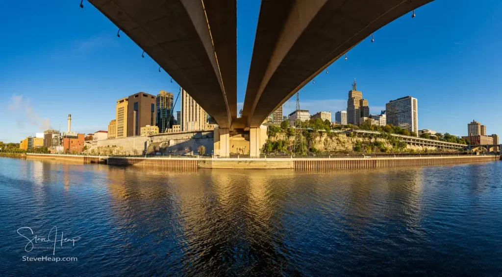 Panorama of the city of St Paul, Minnesota from underneath the Wabash St Bridge on Raspberry Island. Prints available in my online store