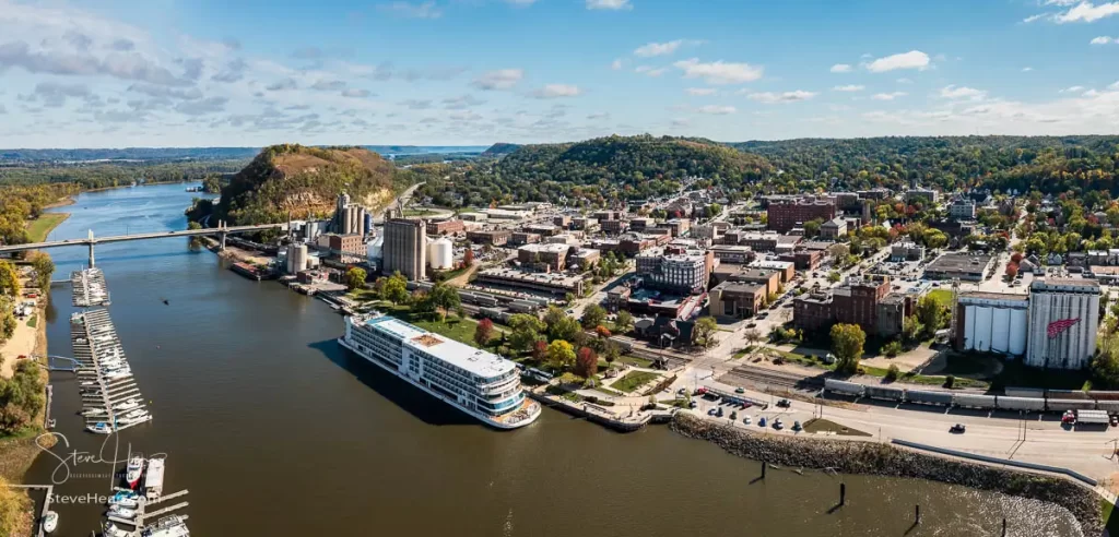 Broad panorama of Red Wing in Minnesota with the Viking Mississippi river boat docked on the waterfront. Prints available in my online store