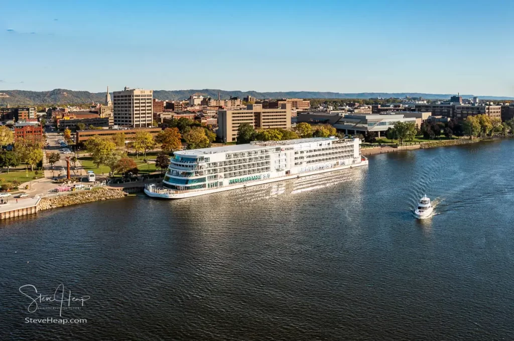 Aerial panorama of the Viking Mississippi docked in La Crosse, Wisconsin. Prints available in my online store
