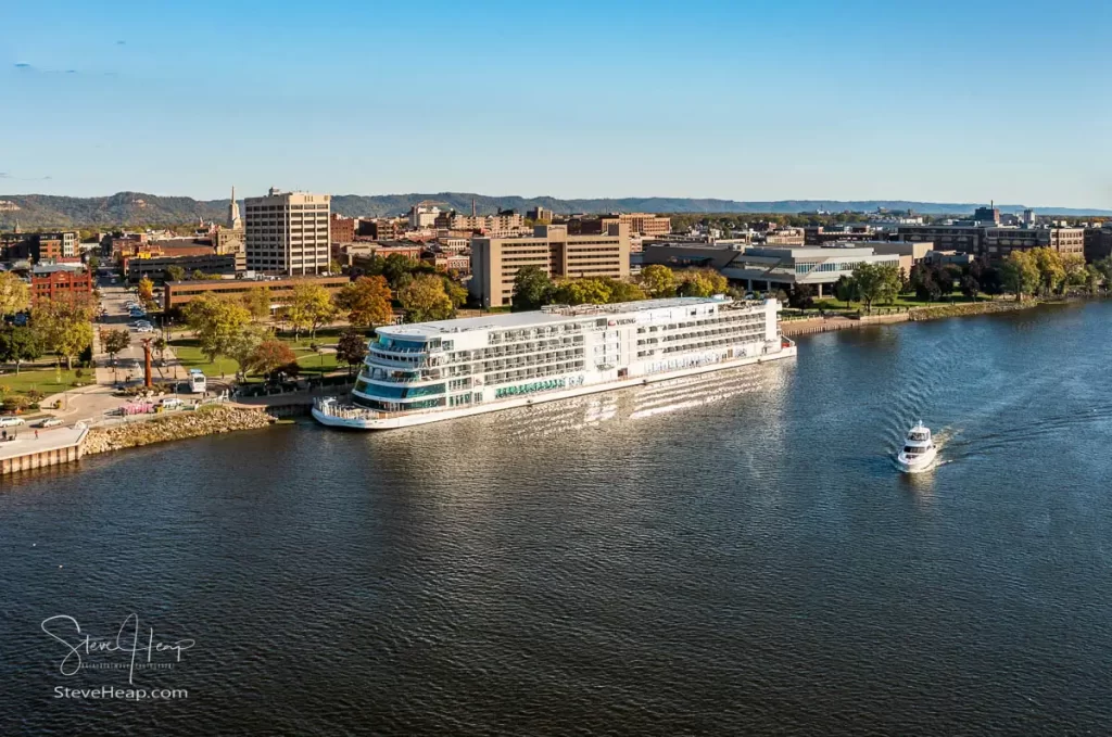 The Viking Mississippi cruise boat docked in La Crosse, Wisconsin in October 2023