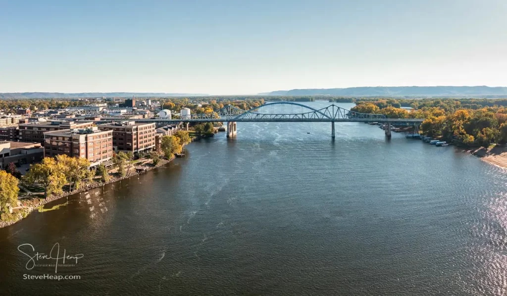 Aerial panorama of the Mississippi River and Purple Heart Memorial Highway in La Crosse, Wisconsin. Prints available in my online store