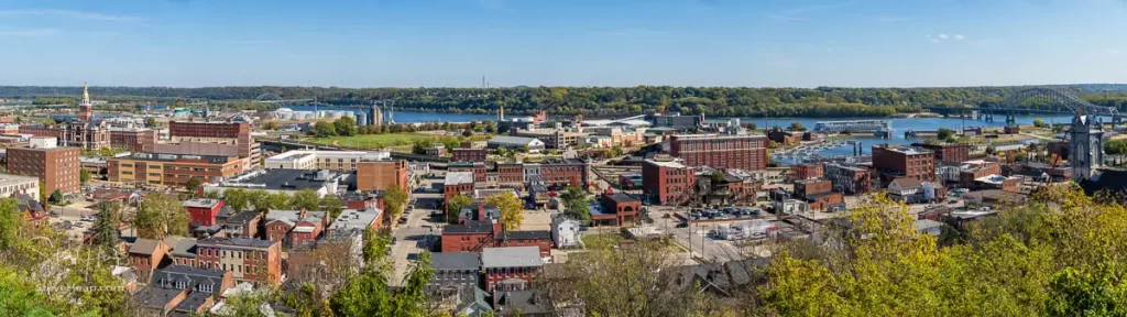 Panoramic view from the top of the Fenelon Elevator of the city of Dubuque in Iowa and the Mississippi river. Prints available in my store