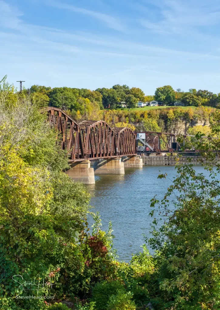 The Dubuque Railroad bridge between Iowa and Illinois with swing span open. Prints available in my online store