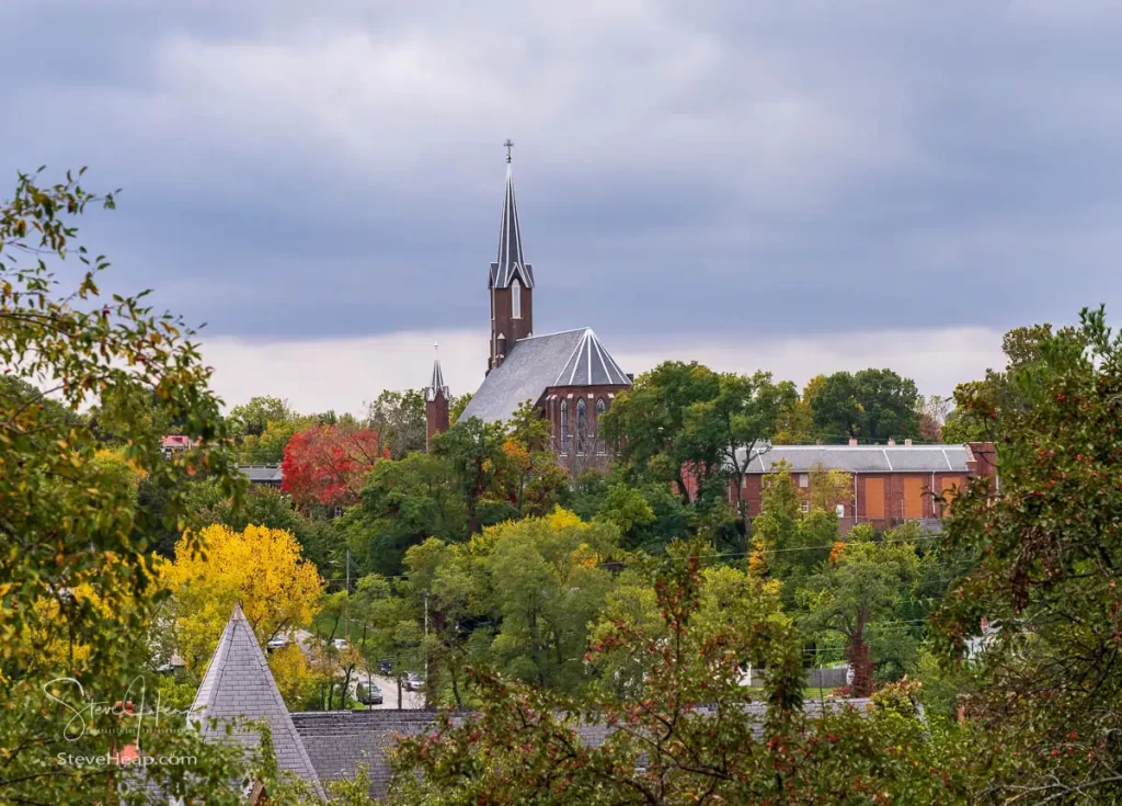 St John Catholic church among the trees in downtown Burlington, Iowa. Prints available in my online store