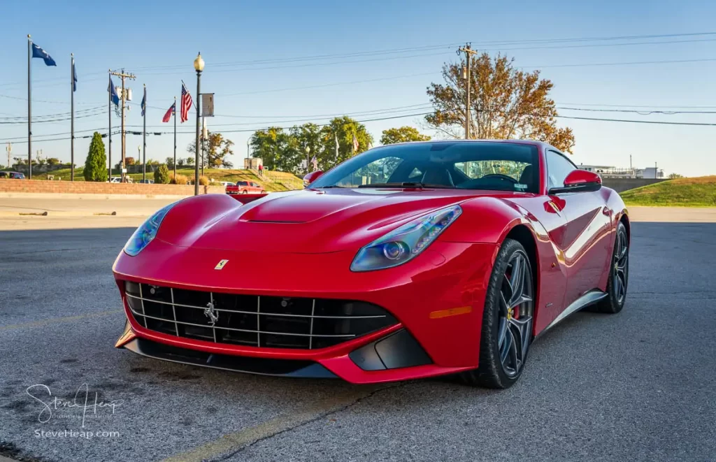 Striking red Ferrari F12berlinetta sports car parked in Hannibal, Missouri