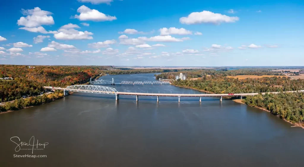 The road and railroad bridges across the Mississippi at Hannibal, Missouri taken from above the river. Prints available in my online store
