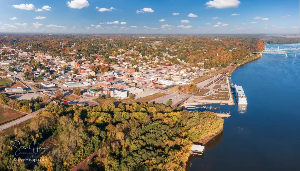 Aerial view of the city of Hannibal, MO with the Viking Mississippi docked alongside the riverbank. Prints available in my online store