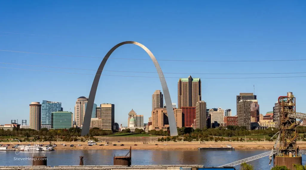 View of downtown St Louis from the Mississippi River Overlook in East St Louis, Illinois.