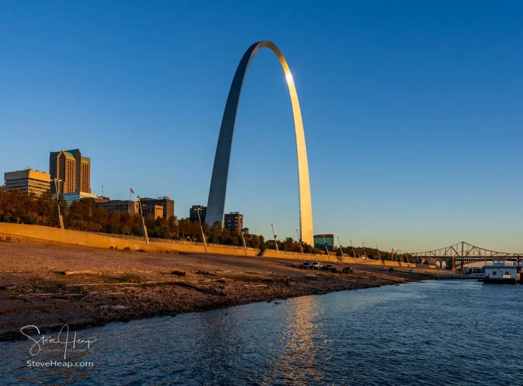 Early sunrise view of St Louis in Missouri as we dock alongside the waterfront in low water conditions.