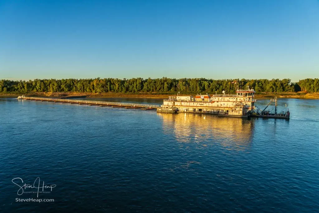 The M/V Potter dredging mud and silt from the center of the Mississippi and pumping it to the edges to deepen the channel.