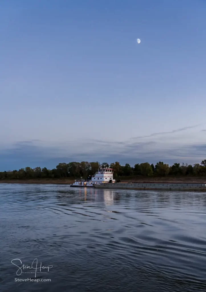 Moon over a river barge sailing downstream on the Mississippi River