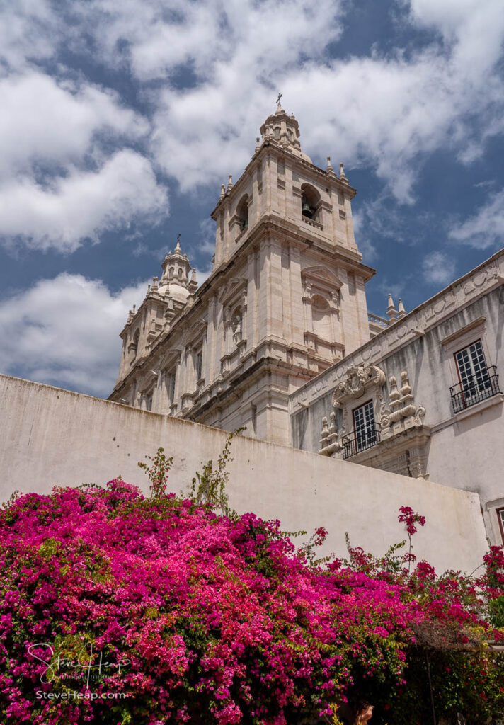 Cloisters and flowering trees in courtyard of Sao Vicente de Fora church in Alfama district