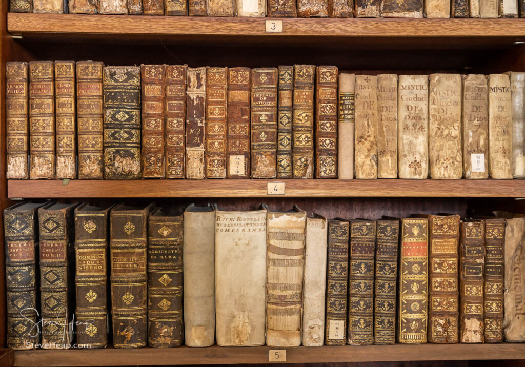 Old books in the storage area of the Biblioteca Joanina of the University of Coimbra in Portugal