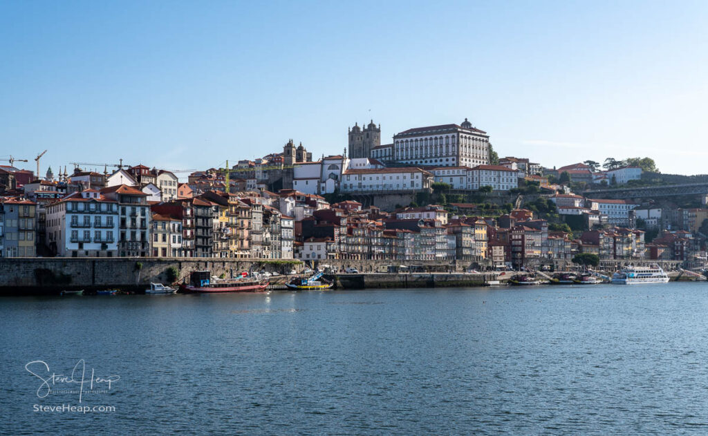 Cityscape of Porto seen from the Viking Hemming docked along the banks of the river Douro in Portugal