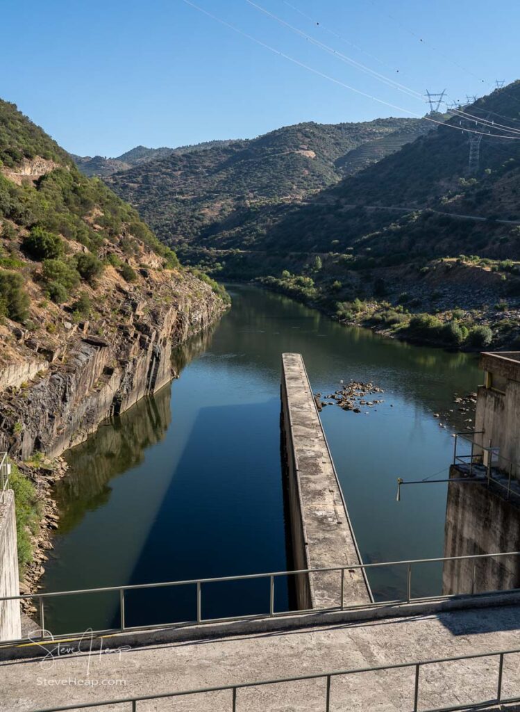 Solid structure of the Valeira dam on River Douro in Portugal looking down into the gorge