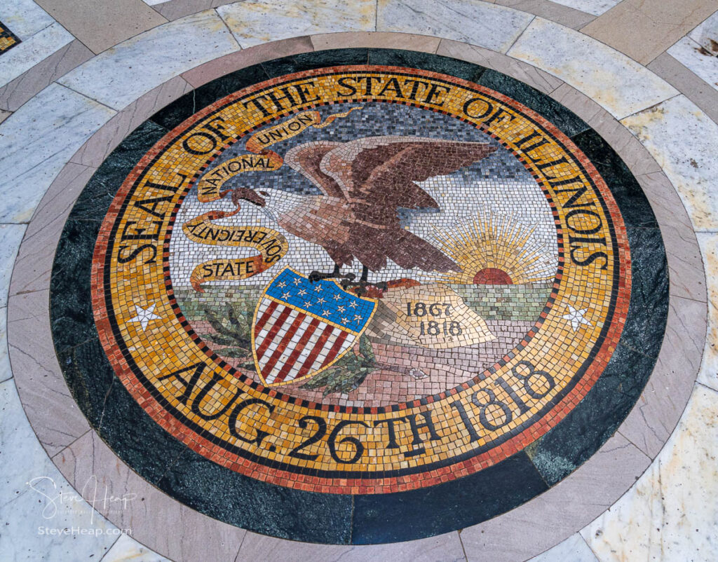 Great Seal of Illinois in the floor of marble memorial to fallen soldiers in the civil war battle of Vicksburg in Mississippi