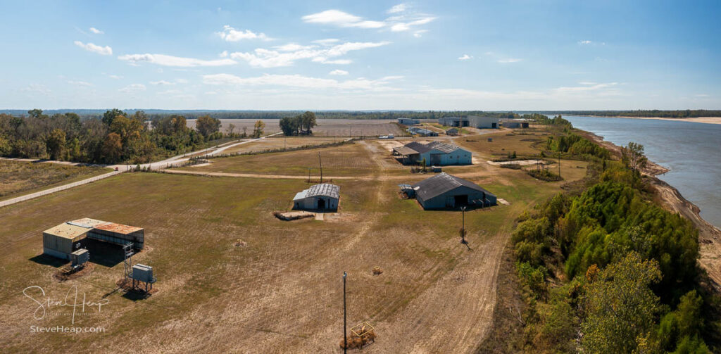 Aerial view of abandoned factories and storage sheds at LeTournea near Vicksburg by Mississippi river