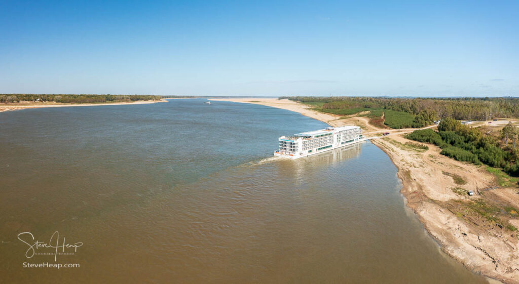 Vicksburg, MS - 25 October 2023: Viking Mississippi docked by bank in extreme low water conditions on Mississippi river