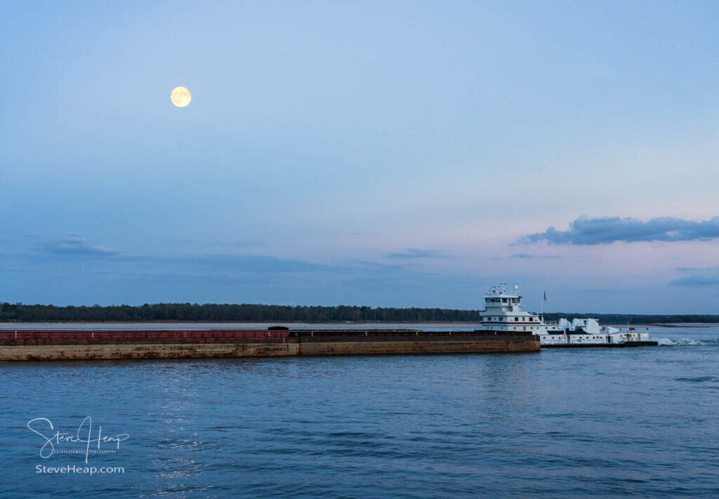 Large river barge loaded with grain sailing down Mississippi river near Natchez at dusk