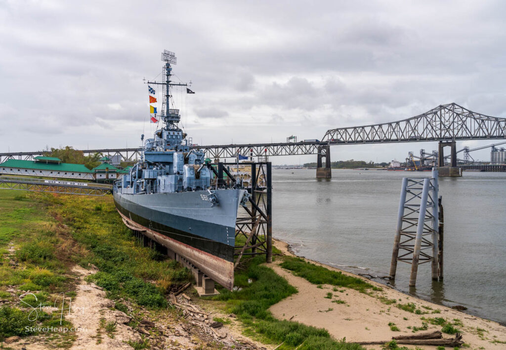 USS Kidd warship beached on the riverbank of the Mississippi in low water in Baton Rouge, LA.