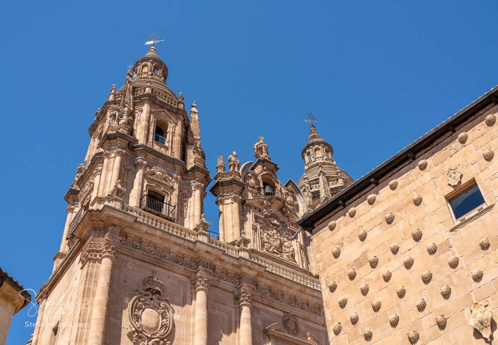 Ornate stone carvings on the Casa de la Conchas or shells and the Clericia church or cathedral in Salamanca
