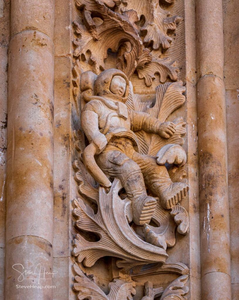Astronaut carved into the stonework on the exterior of the New Cathedral in Salamanca, Spain